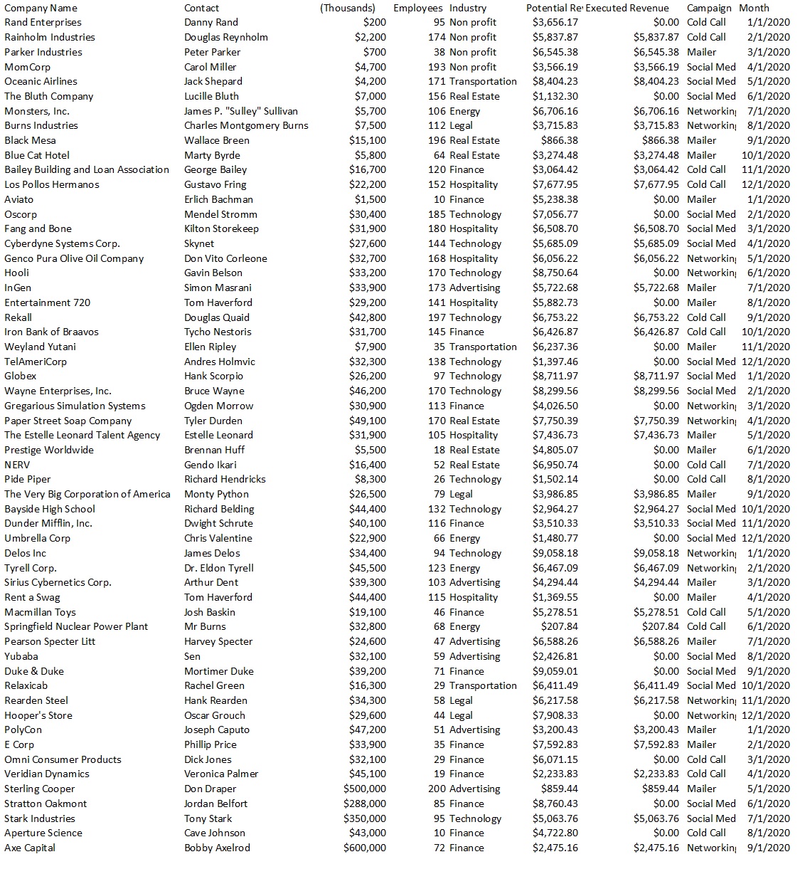 company excel sample