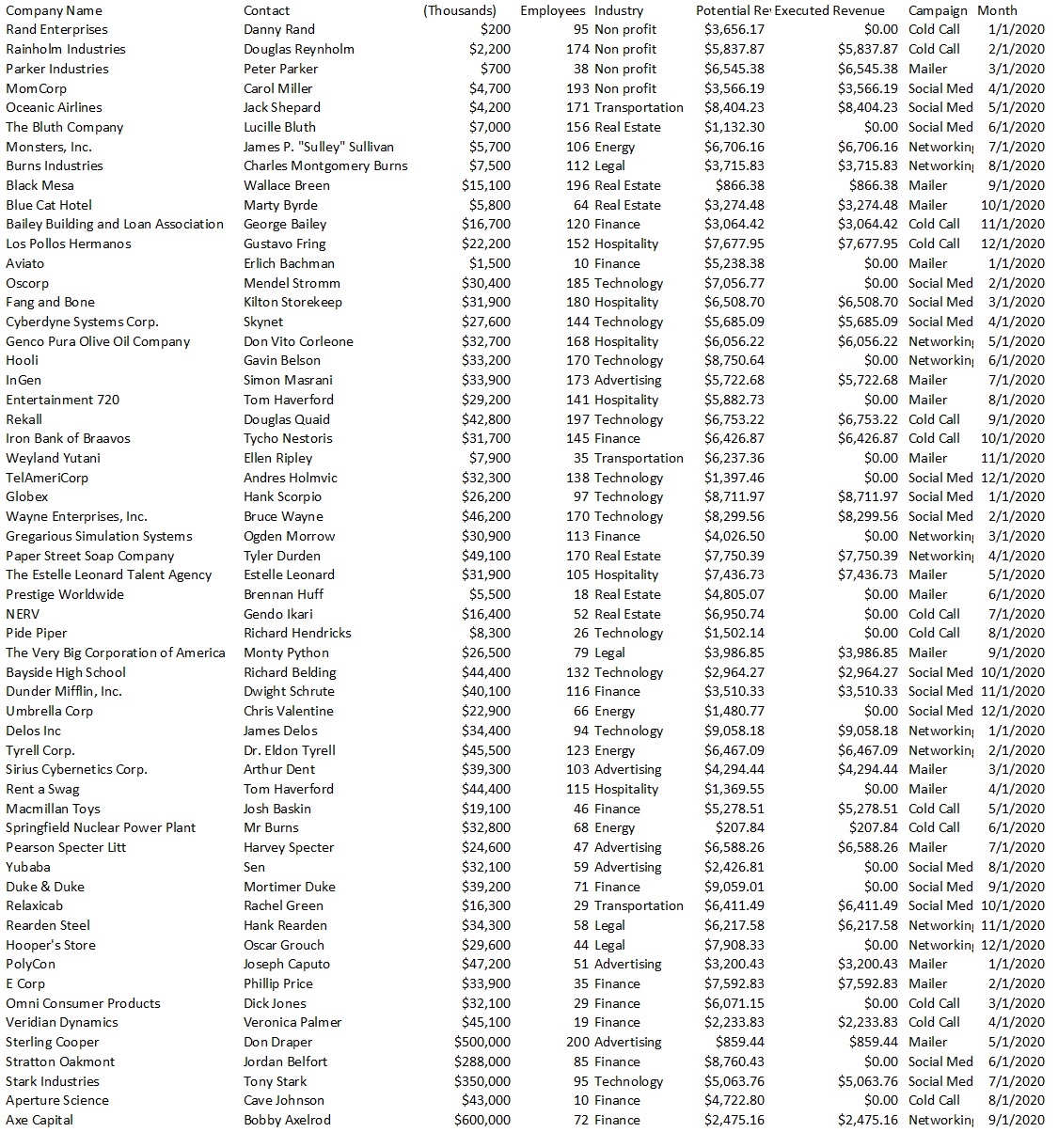 company excel sample