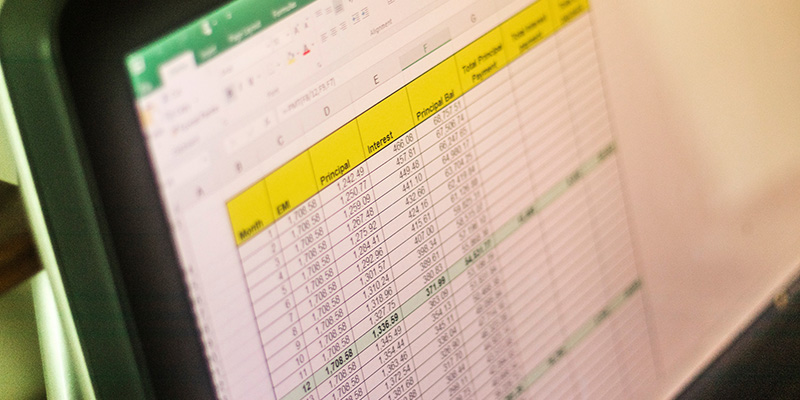 Shot of an excel sheet on computer screen showing bank loan amor