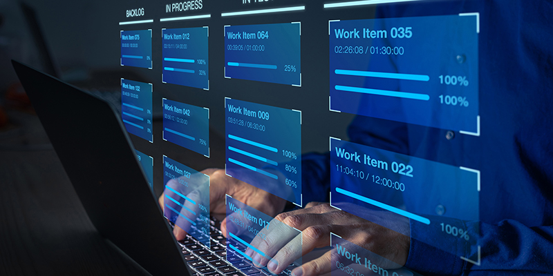 Agile software development with developer using Kanban board framework methodology on computer. Lean project management tool for fast changes, customer oriented, incremental work, iterative process.