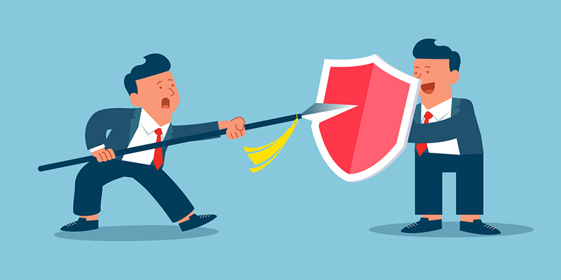 Businessman holding a spear attacks businessman holding a shield, attack and defense