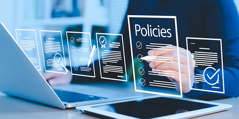 Policy documentation and compliance concept. Businesswoman reviews digital document Policies with icons, checklists, certifications, and financial detail. policy management, regulatory compliance,