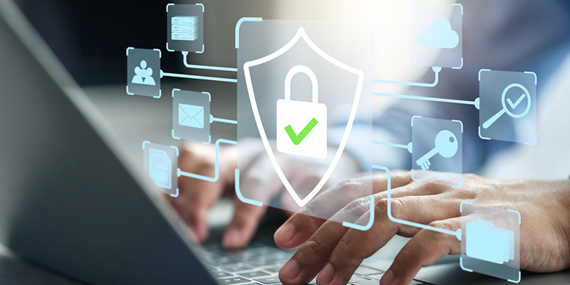 Internet Security. Secure Global Data Connection. Secure Data and Network Protection. A Man Uses Computer with Security System and Encrypted Data.