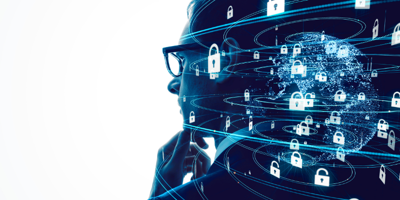 thinking man with locks in his brainwaves, illustrating cyber insurance readiness